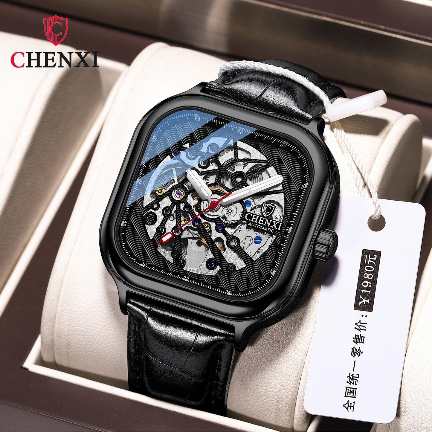 CHENXI T5 Leather Watch, Black